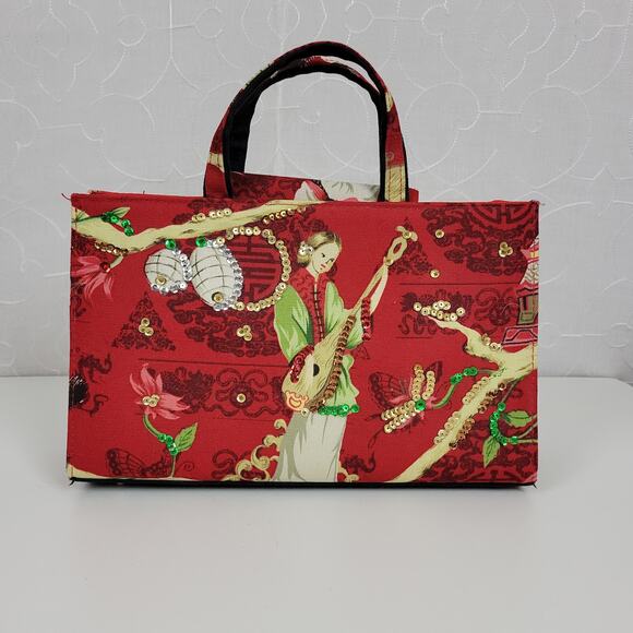 Modella Womens Handbag 11.5" x 8 Red Asian Motif Sequined Double Strap - Picture 1 of 15